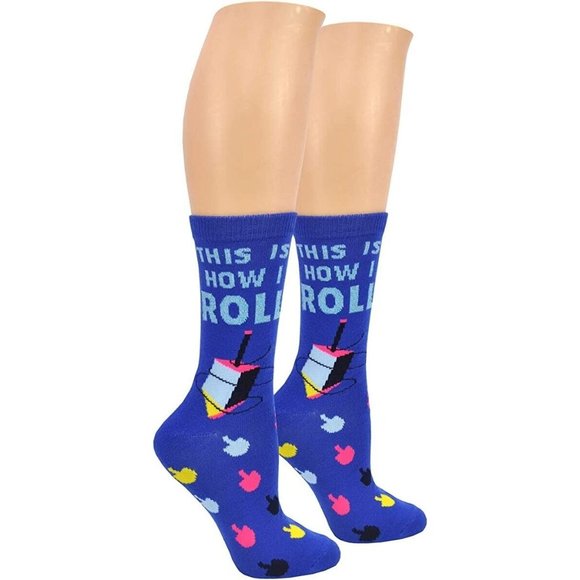 Happy Hanukkah Adult Crew Socks Dreidel Jewish Holiday Gift size 4 10 How I roll - Picture 1 of 4